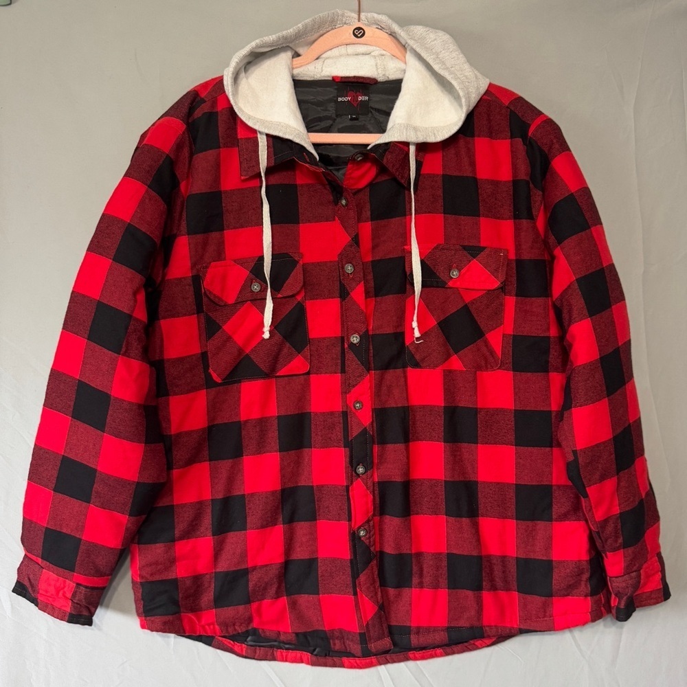 Mens Buffalo Plaid Hooded Shirt Jacket Size 1XL Black Red Hunting Hiking Outdoor